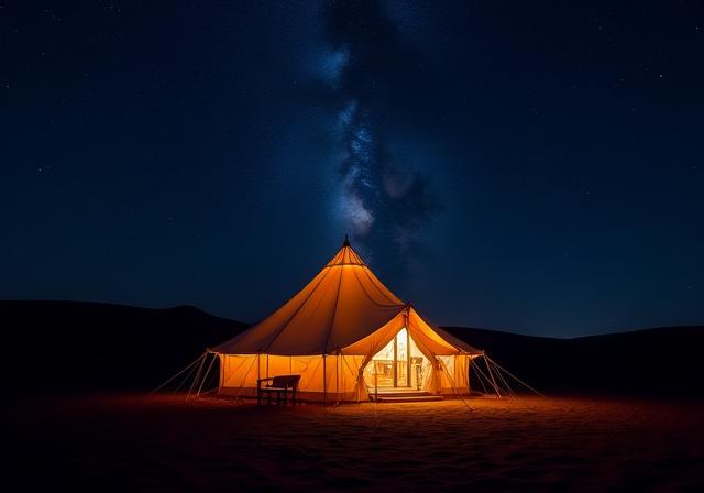 Luxury tent set under a bright starry Milky Way galaxy in the desert