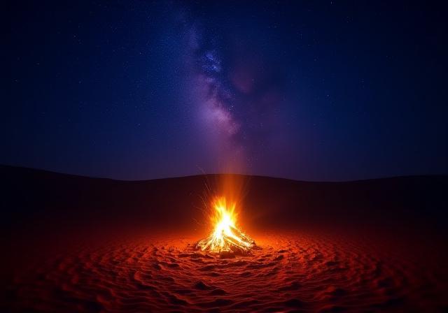 Campfire under a starry Sahara sky