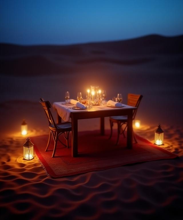 Gourmet dinner table set in the sand with candlelight and stars